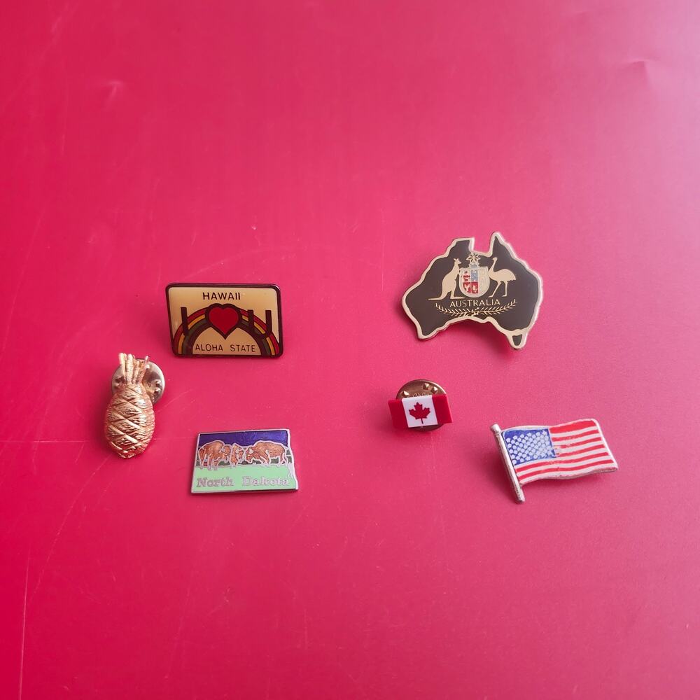 Lot of 6 Souvenir Lapel Pins USA Canada Hawaii Australia North Dakota Pineapple